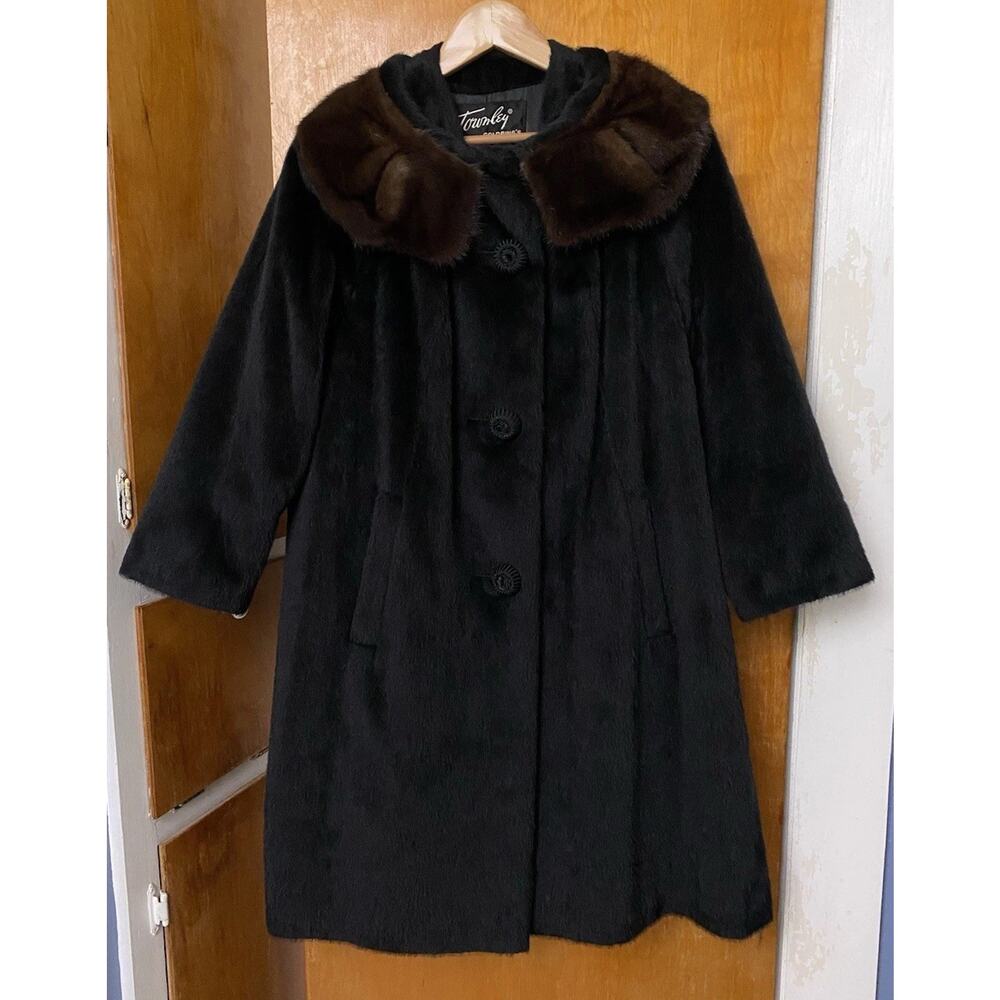 1950s 60s Black Mink Collar Fur Swing Coat Mad Men Mod Trapeze Women’s S M - Picture 3 of 11